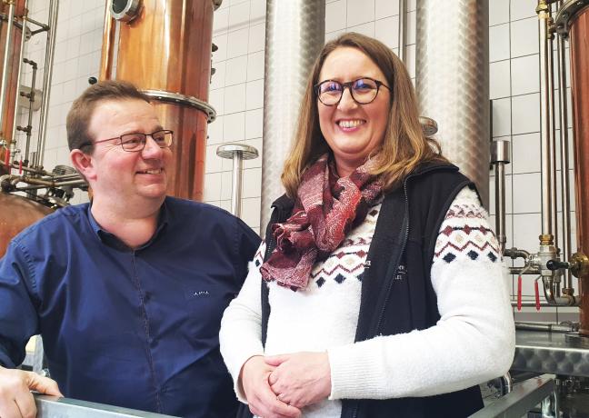 Hugues et Céline de Miscault, à la tête de la distillerie Devoille, à Fougerolles (70) - Photo Christophe Bidal